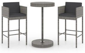 Set bar da giardino 3 pz con cuscini in polyrattan grigio