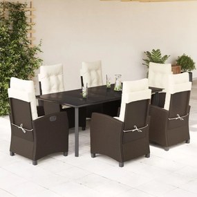 Set da pranzo da giardino 7pz con cuscini in polyrattan marrone