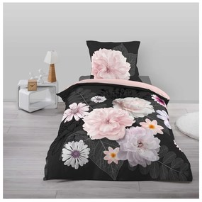 Biancheria da letto in cotone nero e rosa per letto singolo 140x200 cm Floral - douceur d'intérieur