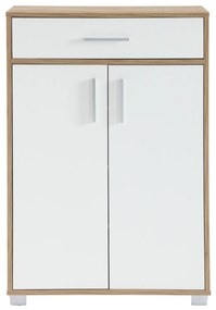 Scarpiera Salvaspazio da Ingresso, 2 Ante e 1 Cassetto, Color Rovere e Bianco – 63x33x95h