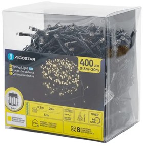 Aigostar - Catena luminosa natalizia LED per esterni 400 LED/8 funzioni 4 batterie AA 20,3 m bianco caldo