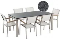 Set da pranzo da giardino bianco con piano in granito fiammato 6 posti 180 x 90 cm