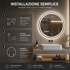 Specchio Rotondo Ø60cm LED a 3 Colori Dimmerabile Accensione Touch...