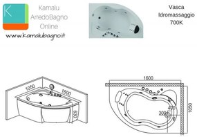 Kamalu - vasca idromassaggio angolare con parete sopravasca versione sinistra 7000k