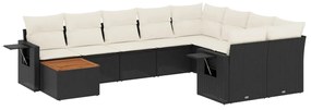 Set divani da giardino 10pz con cuscini in polyrattan nero