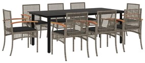 Set da pranzo da giardino 9 pz con cuscini in polyrattan grigio