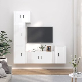 Set Di Mobili Porta Tv 5 Pz Bianco Lucido İn Legno Multistrato /