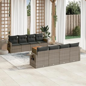 Set divano da giardino 9 pz con cuscini grigio in polyrattan