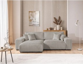 Divano angolare con penisola a sinistra grigio chiaro e rivestimento in velluto a coste allungabile e con contenitore Sarina – Ropez