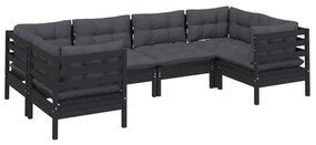 Set divani da giardino 6 pz con cuscini neri massello di pino