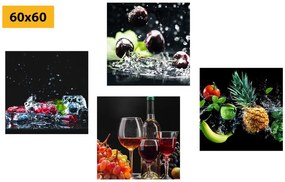 Set di quadri – Vino e pezzi di frutta su sfondo nero