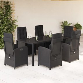 Set da pranzo da giardino 7 pz nero con cuscini in polyrattan