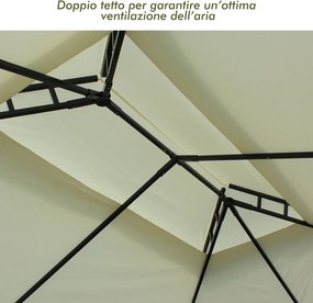 Gazebo da Giardino 3x4m in Acciaio Teli Laterali e Doppio Tetto Crema...