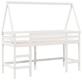 Letto soppalco con scala e tetto bianco 80x200 cm massello pino