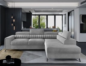 Divano angolare grigio allungabile/con contenitore (con penisola a destra/a L) e rivestimento in velluto Laurence – ELTAP