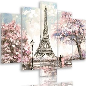 Quadri Quadro 5 pezzi Stampa su tela Torre Eiffel di Parigi pastello  Dimensioni 200x100