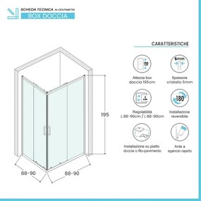 Box doccia angolare 90x90 cm doppio scorrevole vetro trasparente Tay