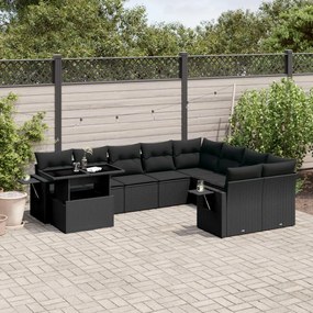 Set divani da giardino 10pz con cuscini in polyrattan nero