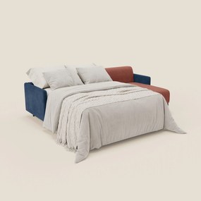 Narciso divano letto angolare con materasso alto 18 cm e penisola contenitore in tessuto bicolore impermeabile T11 e T06 blu - corallo