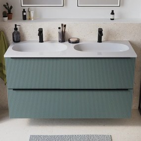 Mobile bagno sospeso Neo Groove L 121 x H 68 x P 49 cm, 2 cassetti con maniglia nero matt, lavabo in resina con vasca centrale Icone incluso, verde salvia cannettato