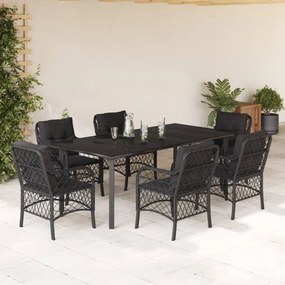 Set da pranzo da giardino 7 pz nero con cuscini in polyrattan