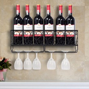 Costway Portabottiglie da parete con porta bicchieri in metallo, Scaffale vini a parete con bancali 50x10x17cm