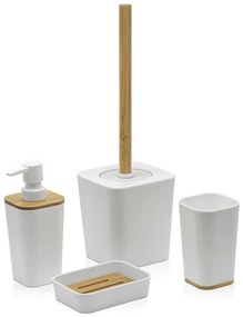 Set accessori bagno moderno in finitura bianca opaca con dettagli in bambù