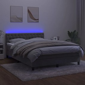 Letto a molle materasso e led grigio chiaro 140x190 cm velluto