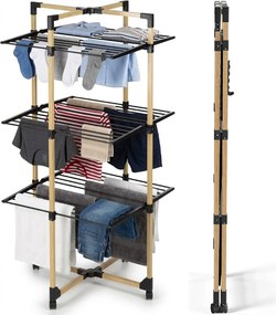 Stendibiancheria a Torre Verticale a 3 Livelli 69x69x136 cm Pieghevole con Ruote Nero e Legno...