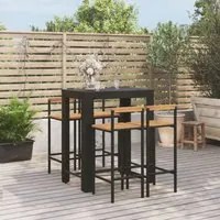 Set Bar Giardino 5 pz Nero Polyrattan e Legno Massello Acaciacod mxl 124643