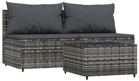 Set divani da giardino 3 pz con cuscini in polyrattan grigio