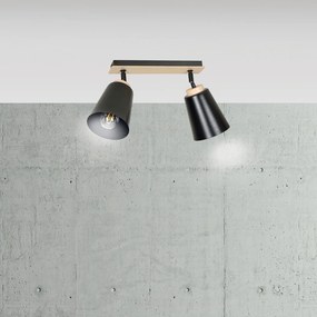 Plafoniera Faretti Spot Orientabili 2 Luci Xiwangmu Acciaio Nero E Legno Naturale