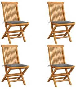 Sedie da Giardino con Cuscini Grigi 4 pz Massello di Teak