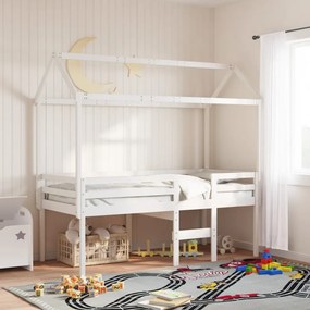 Letto A Soppalco Con Tetto Bianco 75x190 Cm İn Legno Di Pino /