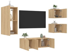Mobili Tv A Muro Con Led 5pz Rovere Sonoma Legno Multistrato /