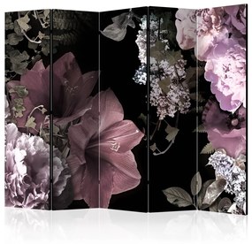 Paravento Fiori dal passato II (5-parti) - piante rosa su sfondo nero