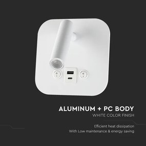 Spot da parete LED con porta USB, 8W, 230V, 3000K, bianco