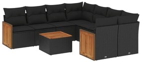 Set divani da giardino 9 pz con cuscini nero in polyrattan