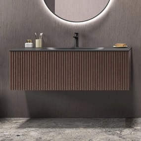 Mobile bagno sospeso 120cm rovere effetto cannettato con lavabo nero KDS-120L - KAMALU
