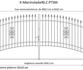 Cancello Marmolada in ferro, apertura centrale, L 408.5, H 165-195 cm, di colore ruggine
