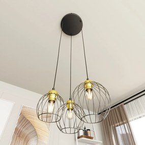 Sospensione Minimal Industrial Hathor 3 Luci Tonda Nera E Oro