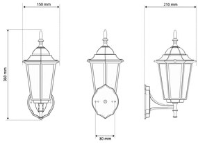 Applique Lanterna da Esterno IP54 E27 Nera - Serie TOSCA 1A
