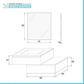 Mobile bagno sospeso 90 rovere bianco con base lavabo e cassetto Nadia