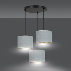 Lampadario Tondo 3 Luci Ganesha In Acciaio Nero E Paralumi In Tessuto Grigio