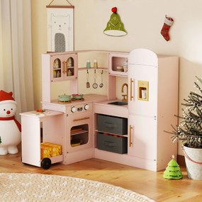 Costway Cucina ad angolo con luci e suoni set da gioco interattivo in legno con lavabo, Cucina ad angolo set giocattolo per bambini 3+ anni 2 Colori