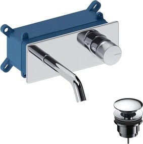 Rubinetto per lavabo LoopK a parete per lavabo bocca 14cm + corpo incasso + piletta di scarico + placa rettangolare cromato