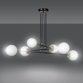 Lampadario Moderno 6 Luci Ognis In Acciaio Nero E Oro E Vetro A Sfera Opale