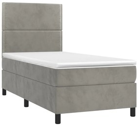 Letto a molle materasso e led grigio chiaro 100x200 cm velluto