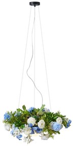 Lampada a sospensione bohémien nera con fiori colorati blu e bianco - Flower Power