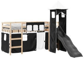 Letto a soppalco con torre bambini bianco e nero 80x200cm pino